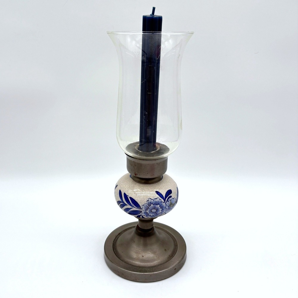 Vintage Blue Floral Ceramic Pewter Hurricane Candle Holder Glass Chimney Decor